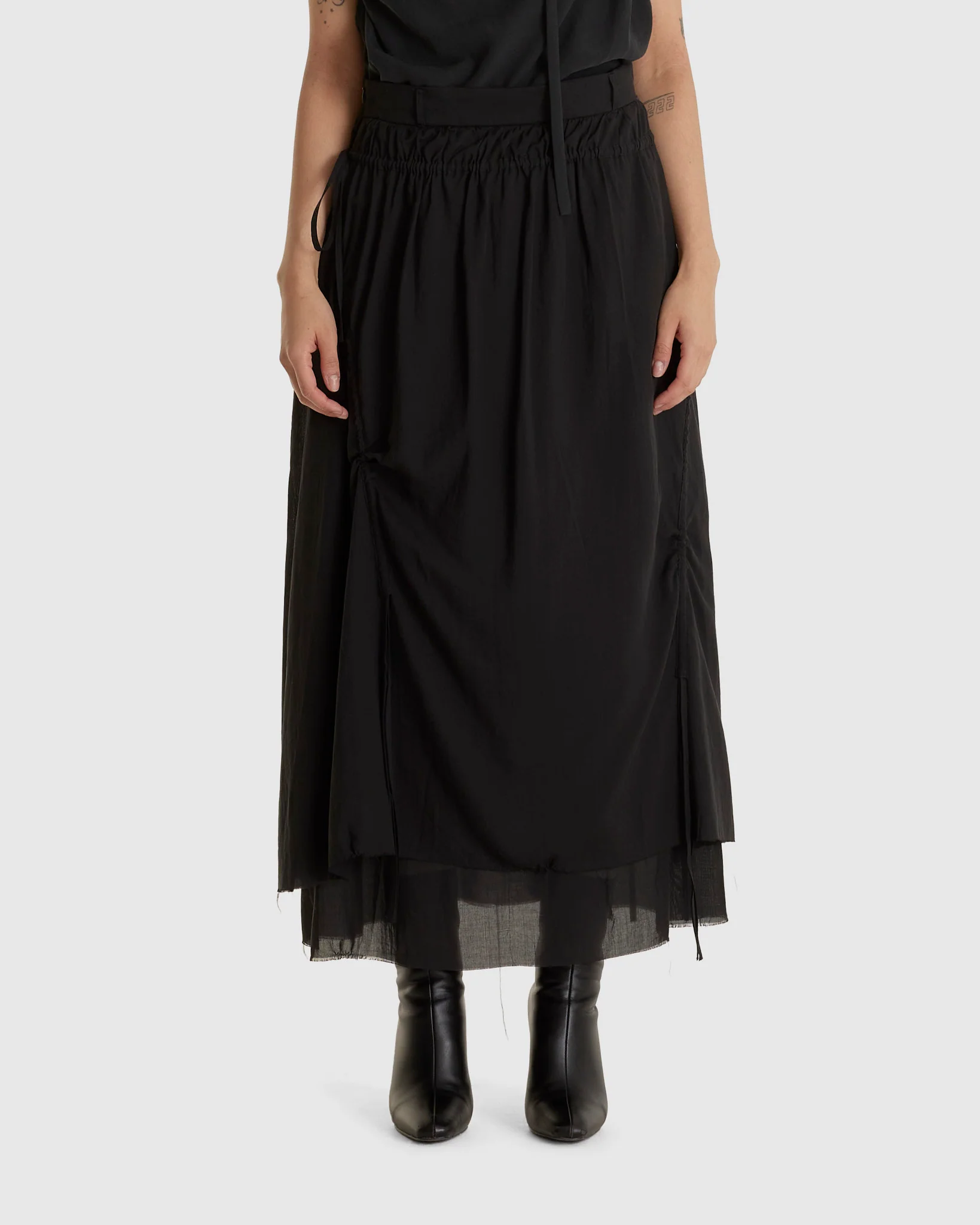 Cotton Pleated Midi Skirt Black